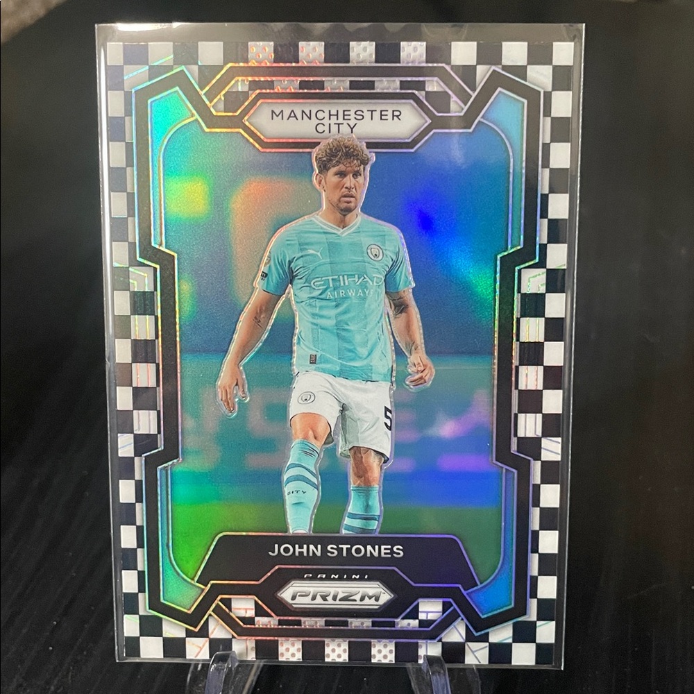 John Stones Panini Prizm Soccer Card - Light Blue and Black Checkered
